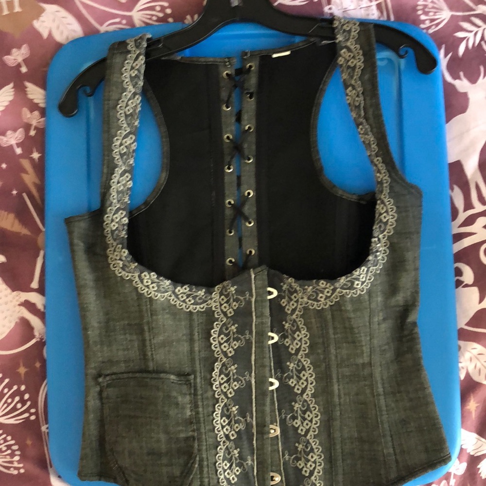 Dark Gray Denim and Lace Underbust Corset